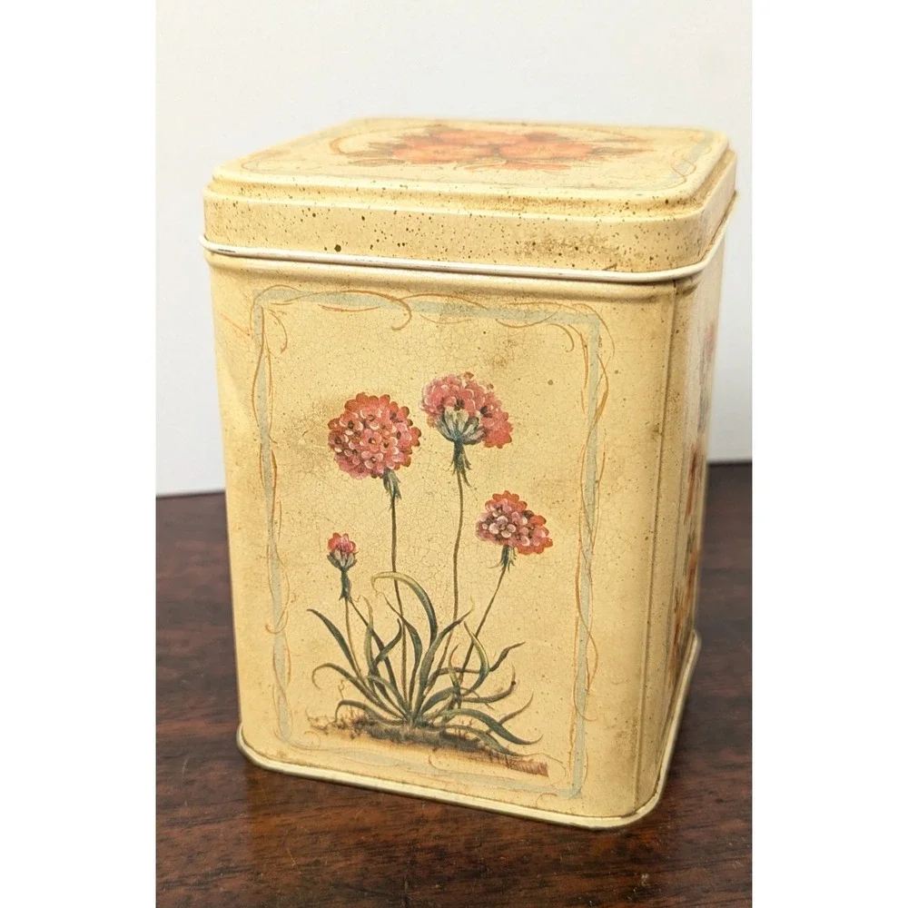 Vintage Century Resources Floral Metal Kitchen Canister Tin w/ Lid 1980s Cream